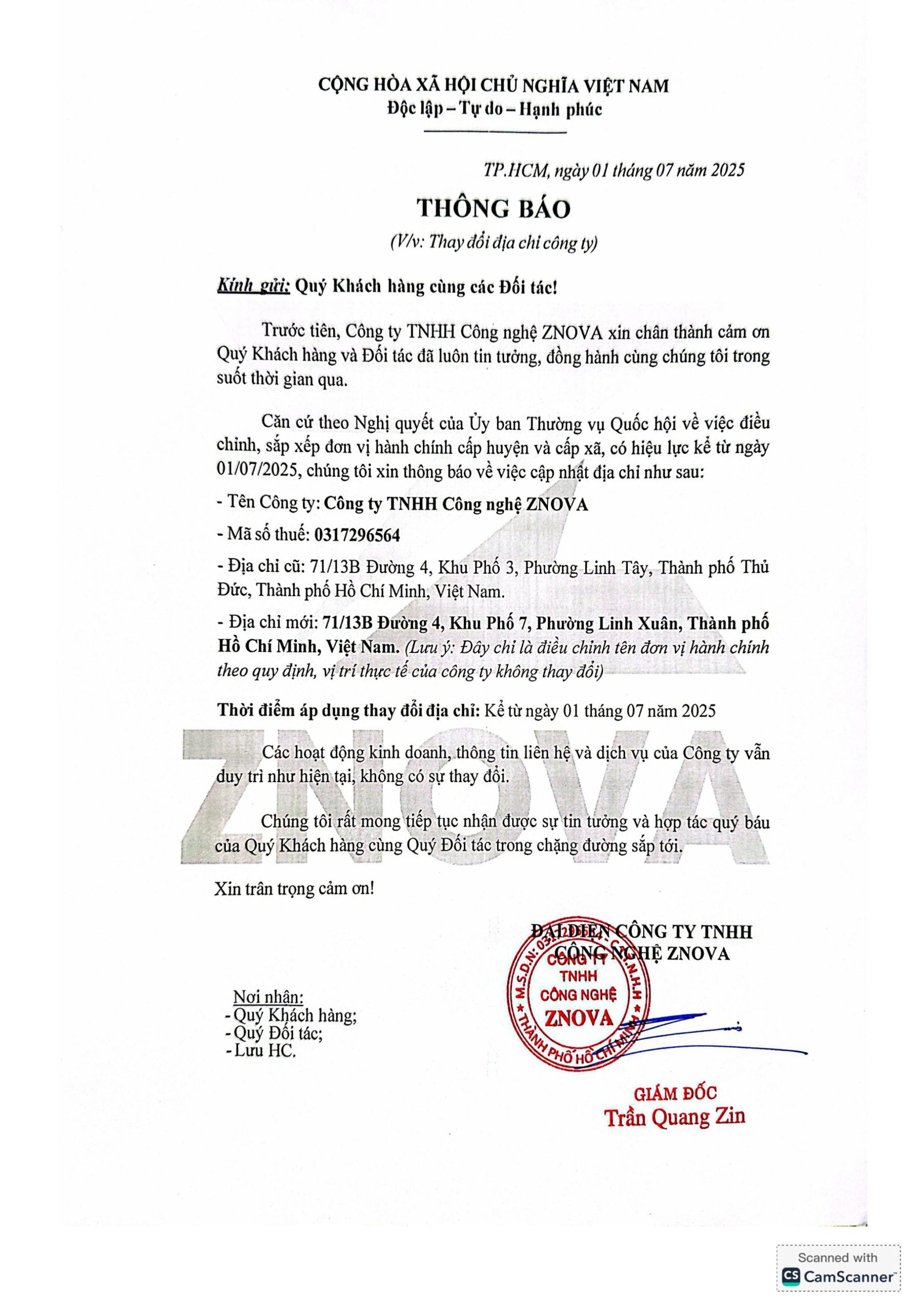 Thông báo thay đổi địa chỉ công ty ZNOVA – Cập nhật địa chỉ mới từ ngày 01/07/2025 ZNOVA cập nhật địa chỉ